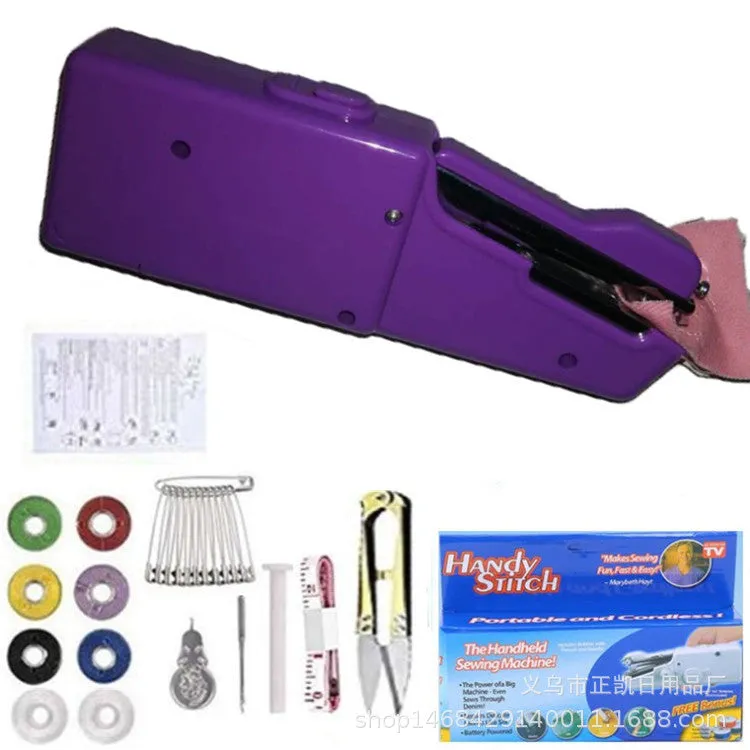 Handheld mini sewing machine set with thread spools, scissors, ruler, and clips in multiple colours
