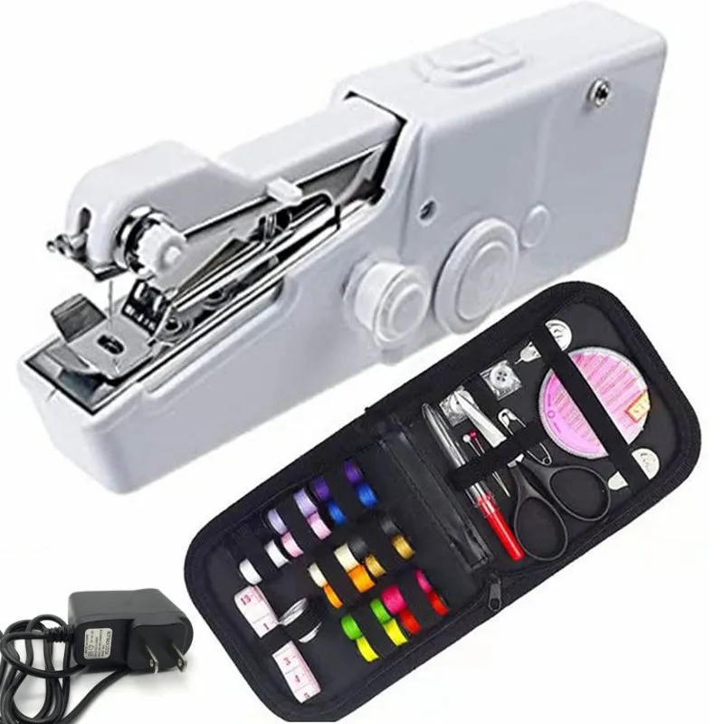 Handheld mini sewing machine set with thread spools, scissors, ruler, and clips in multiple colours