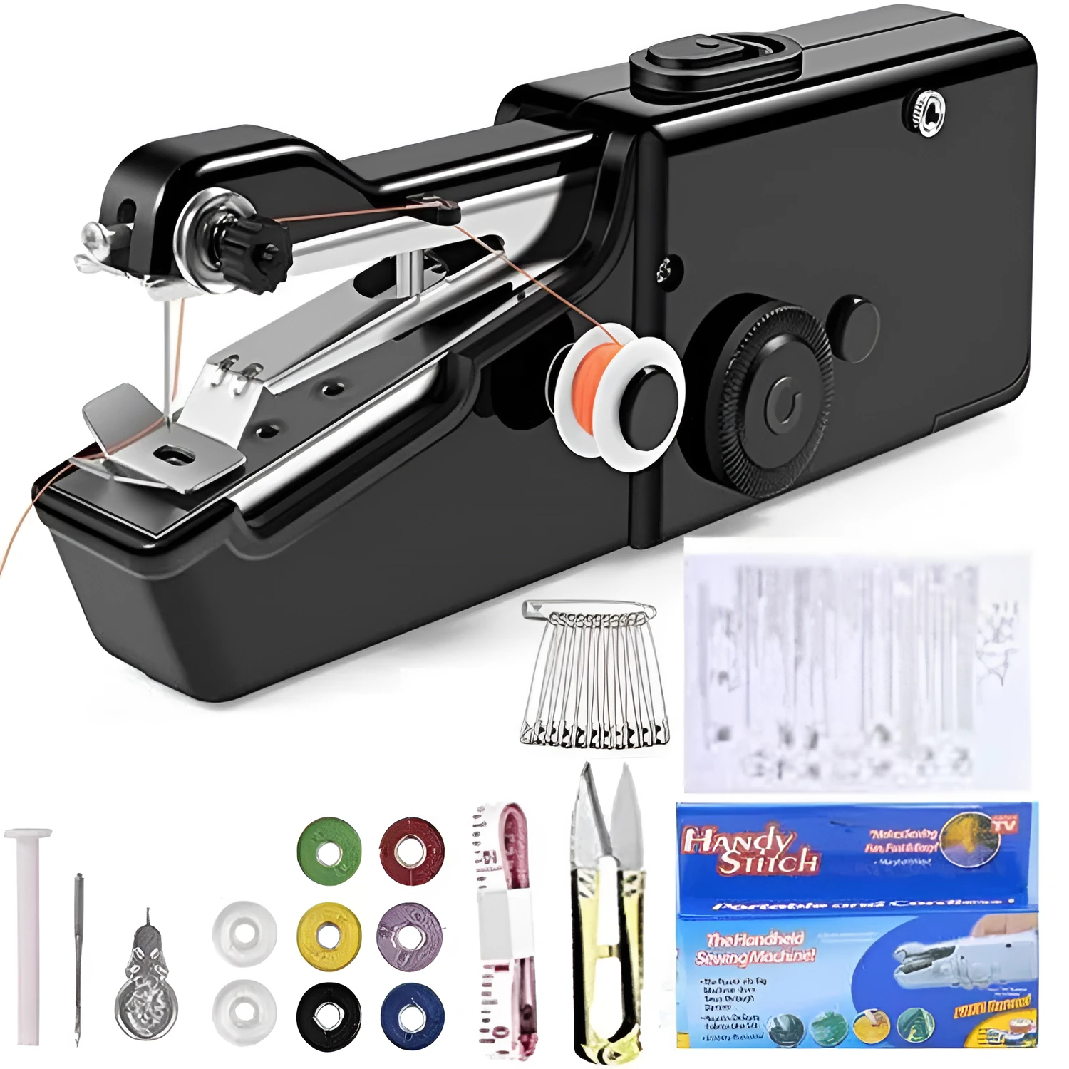 Handheld mini sewing machine set with thread spools, scissors, ruler, and clips in multiple colours