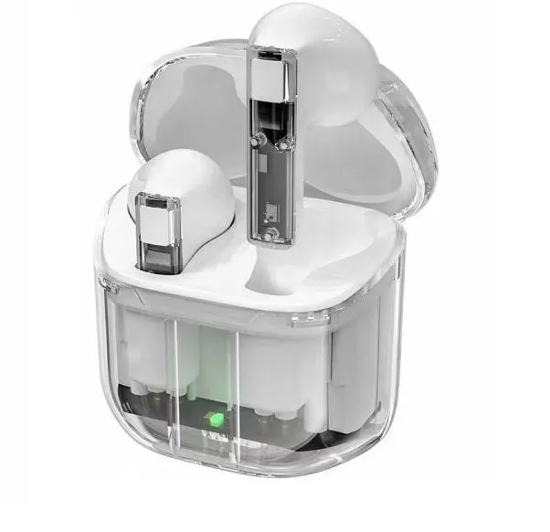 Transparent space capsule case true wireless Bluetooth earphones showing digital display screen