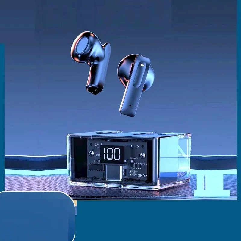 Transparent space capsule case true wireless Bluetooth earphones showing digital display screen