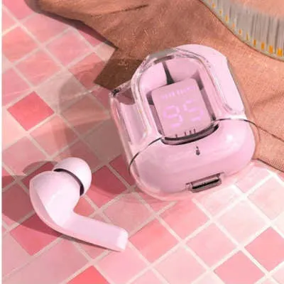 Transparent space capsule case true wireless Bluetooth earphones showing digital display screen