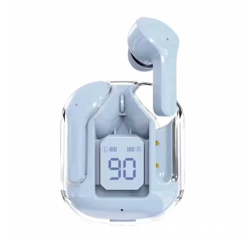 Transparent space capsule case true wireless Bluetooth earphones showing digital display screen