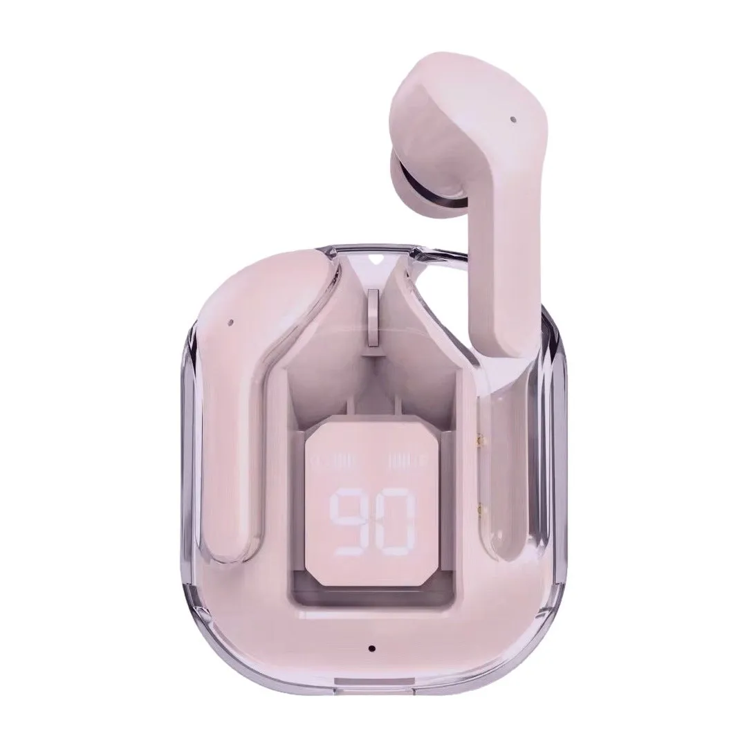 Transparent space capsule case true wireless Bluetooth earphones showing digital display screen