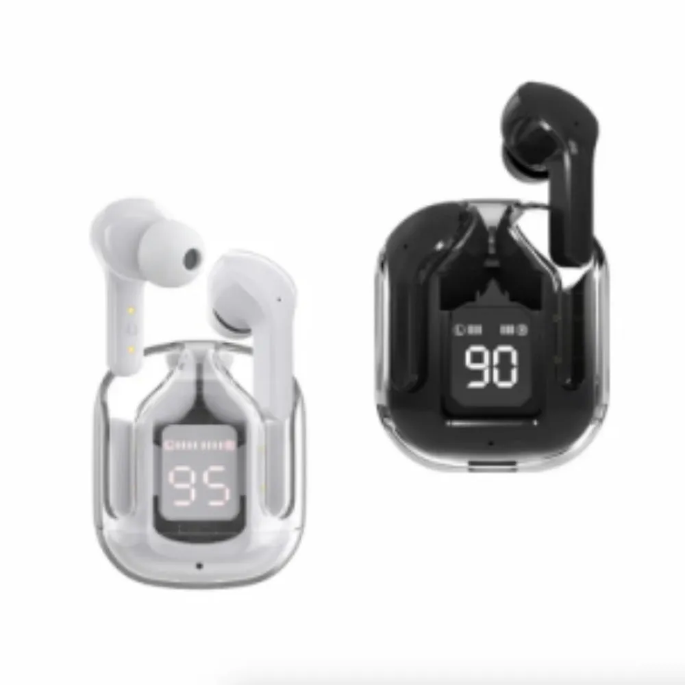 Transparent space capsule case true wireless Bluetooth earphones showing digital display screen