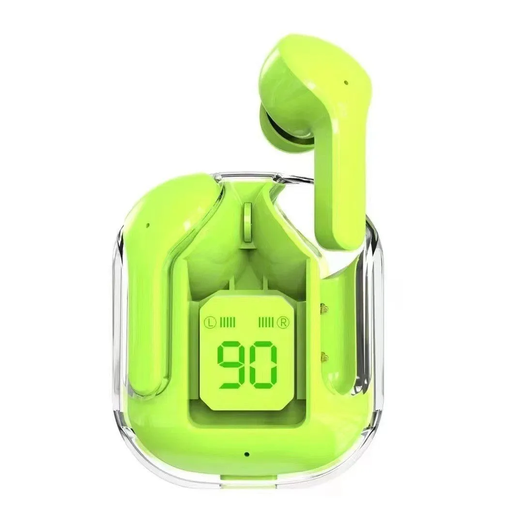 Transparent space capsule case true wireless Bluetooth earphones showing digital display screen