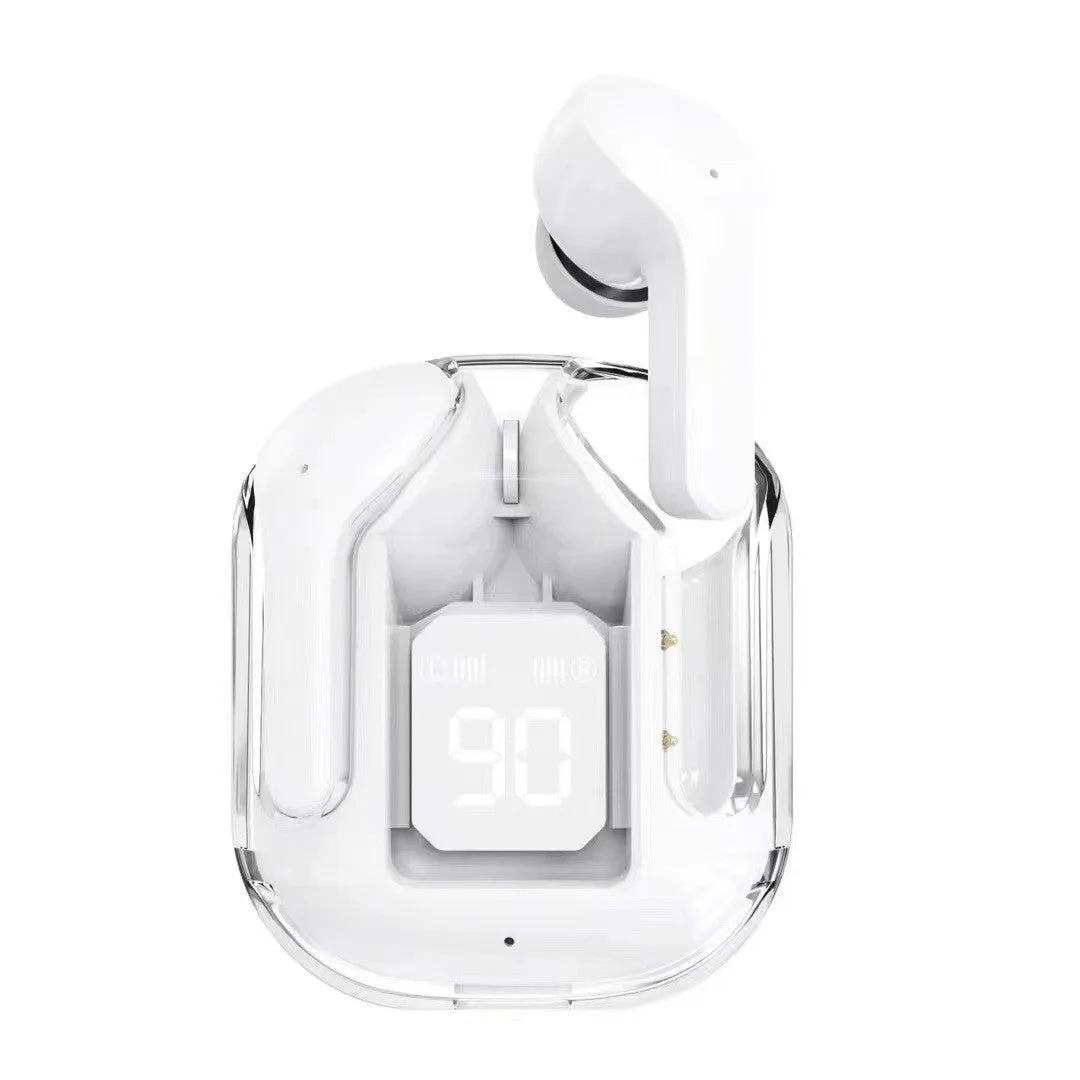 Transparent space capsule case true wireless Bluetooth earphones showing digital display screen