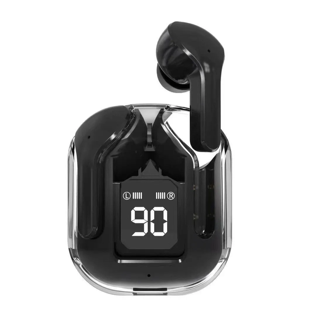 Transparent space capsule case true wireless Bluetooth earphones showing digital display screen