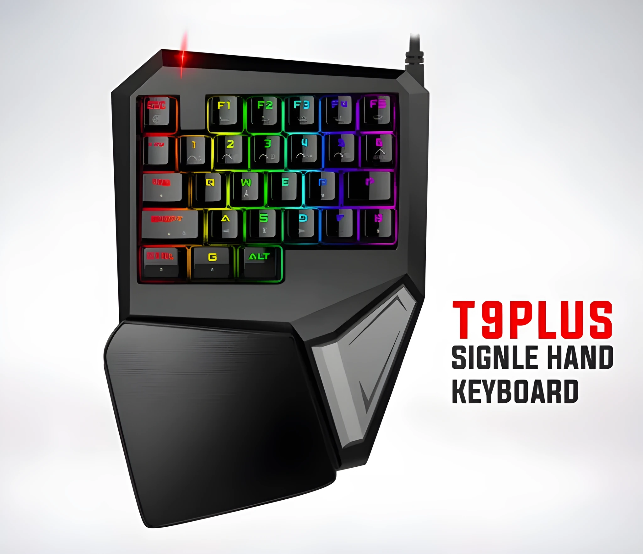 T9PLUS single-handed gaming keyboard with 29 mechanical keys, wrist support, and 10 backlighting effects