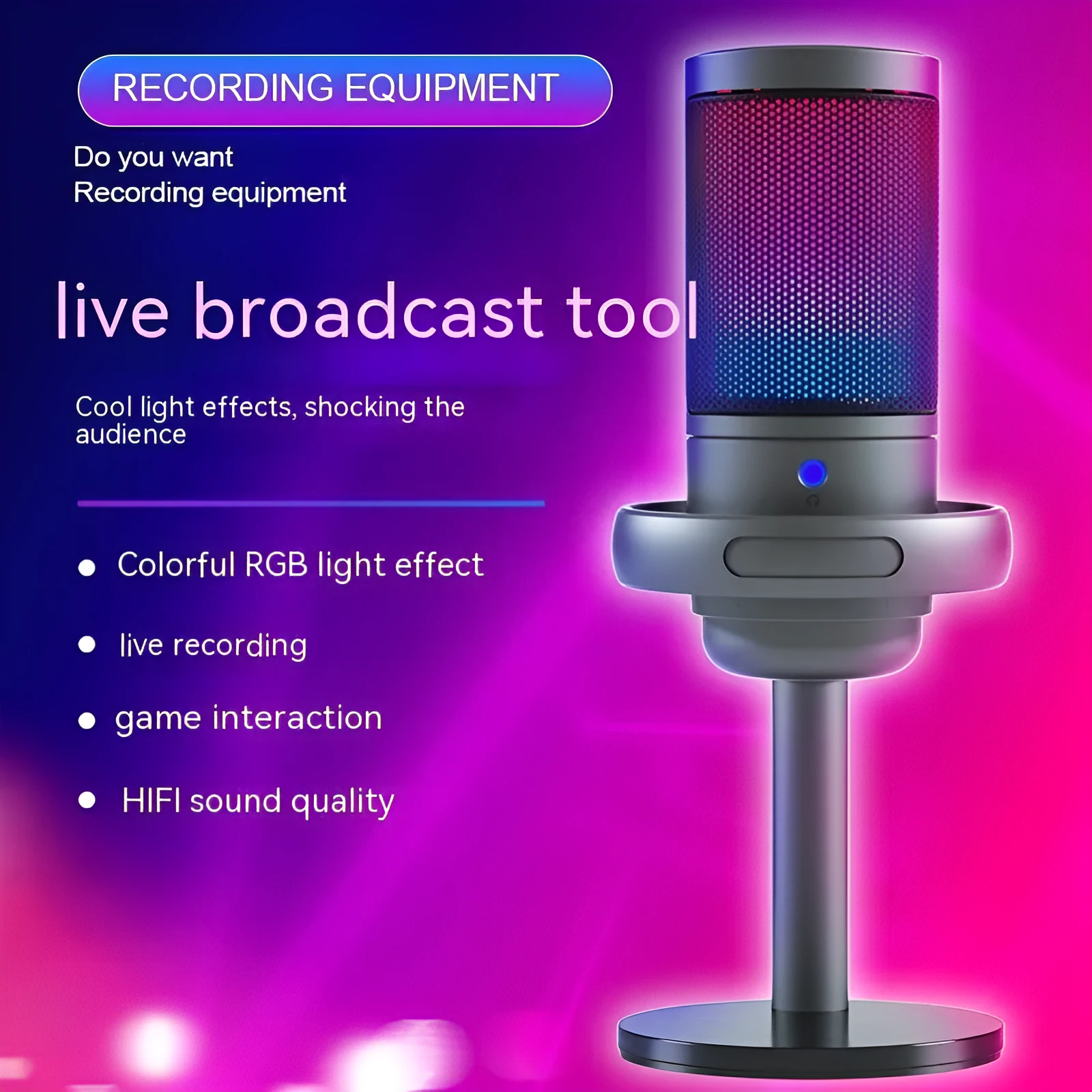RGB condenser microphone for live broadcasting in black, white, or pink colours with 150cm USB cable