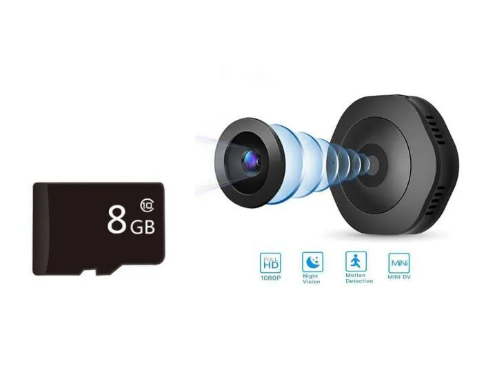 Mini round 1080P body camera with motion detection and Micro SD support, shown on a surface with magnetic pad