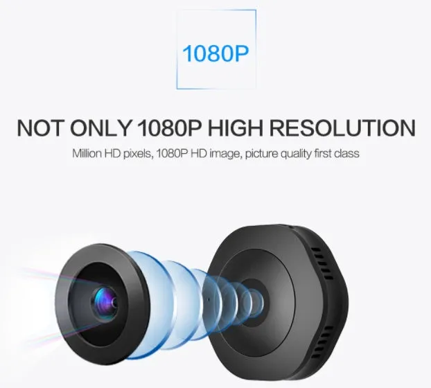 Mini round 1080P body camera with motion detection and Micro SD support, shown on a surface with magnetic pad