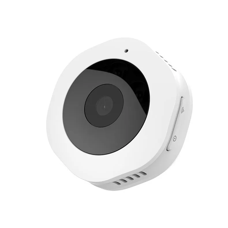 Mini round 1080P body camera with motion detection and Micro SD support, shown on a surface with magnetic pad