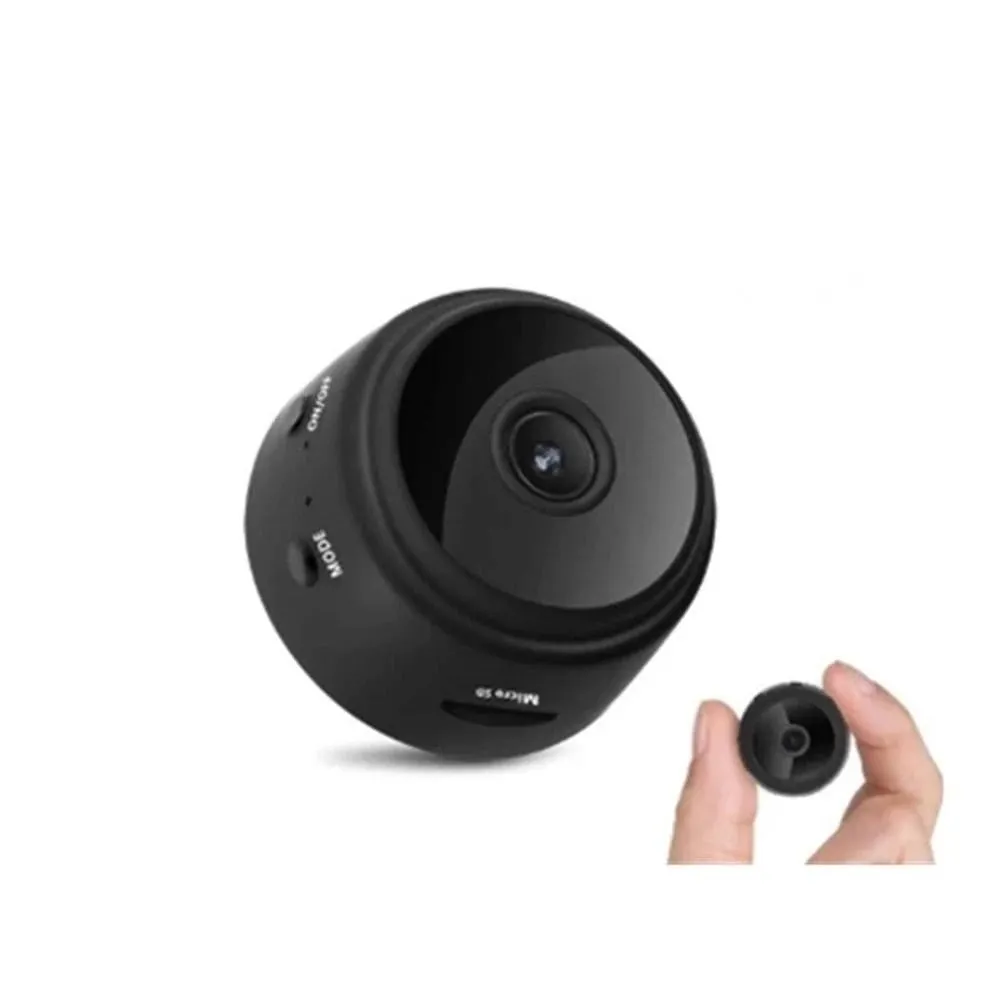 Mini round 1080P body camera with motion detection and Micro SD support, shown on a surface with magnetic pad