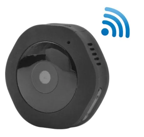 Mini round 1080P body camera with motion detection and Micro SD support, shown on a surface with magnetic pad