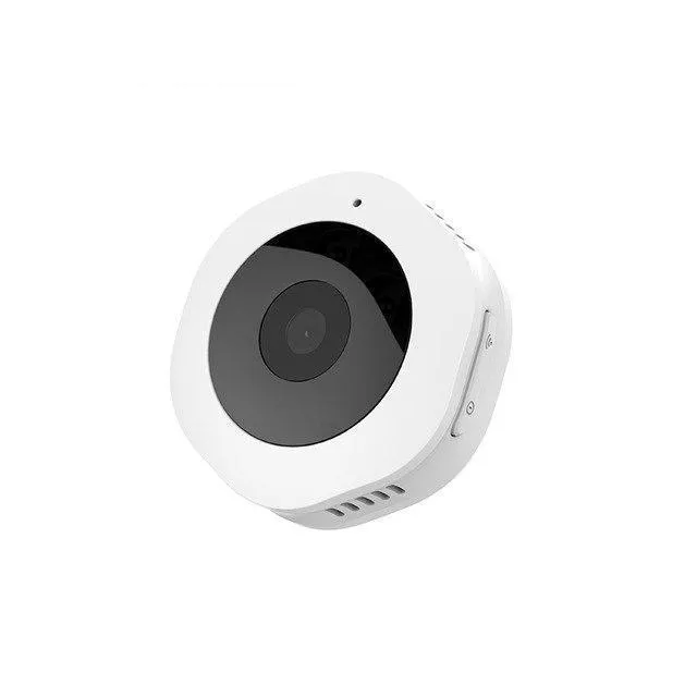 Mini round 1080P body camera with motion detection and Micro SD support, shown on a surface with magnetic pad