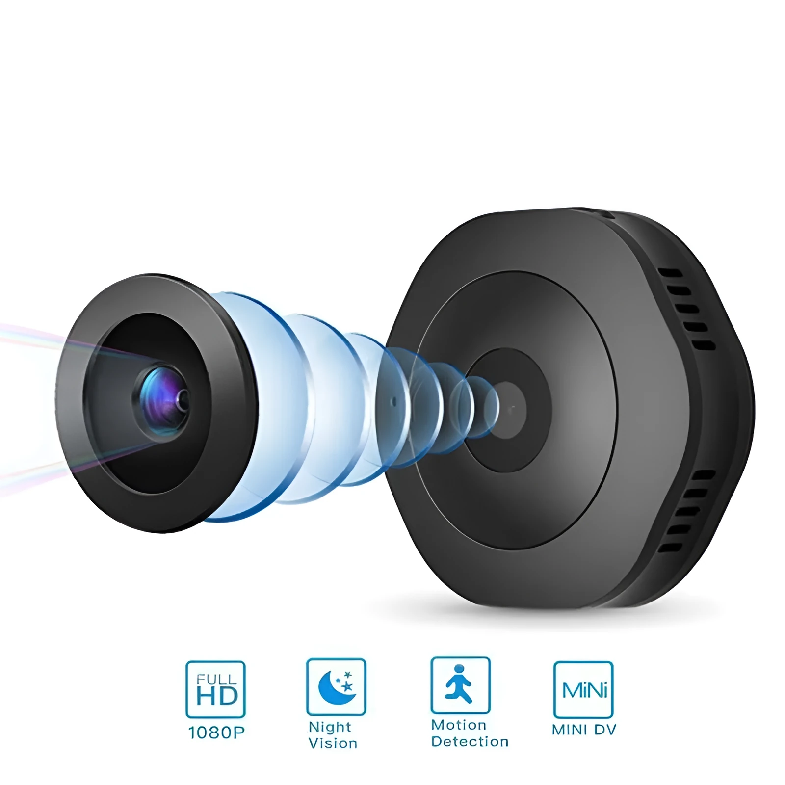 Mini round 1080P body camera with motion detection and Micro SD support, shown on a surface with magnetic pad