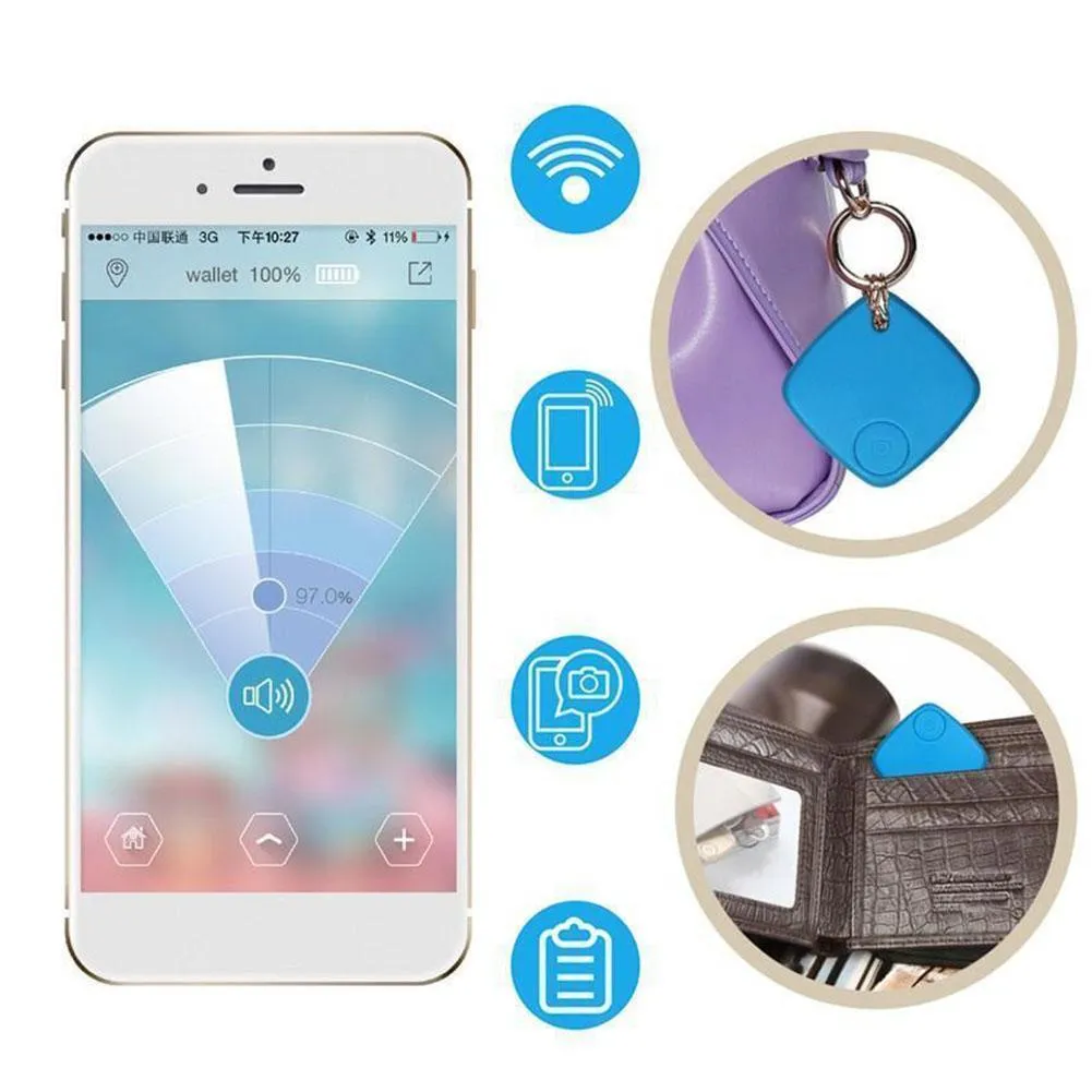 Small Bluetooth anti-lost tracker with key ring, 38mm diameter ABS plastic casing, available in black blue white