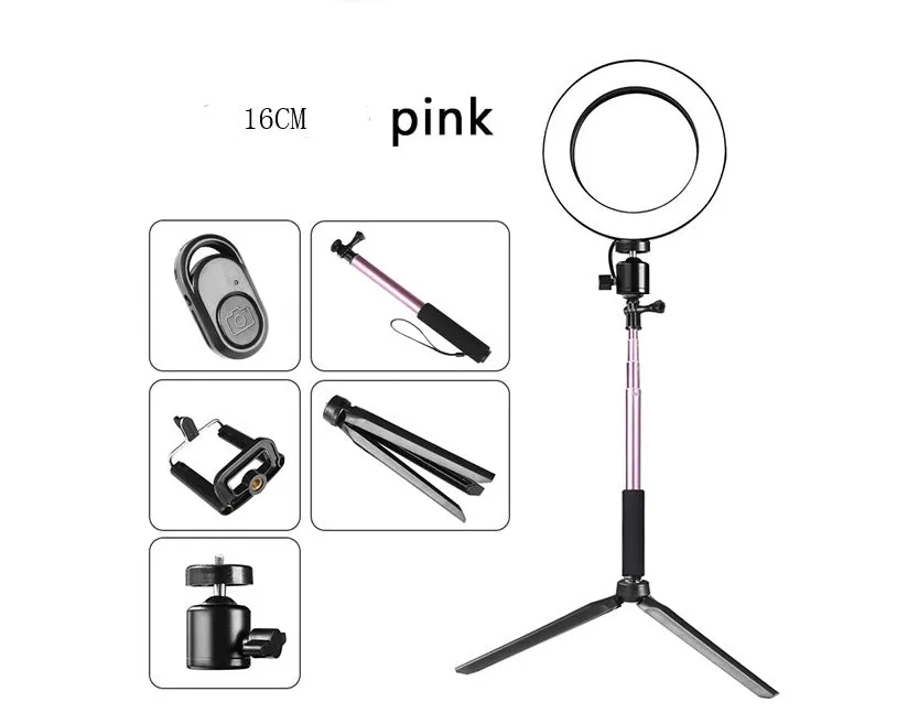 Self-made fill light artifact 5W LED ring light 20cm five-in-one kit black with tripod and phone clip on desk