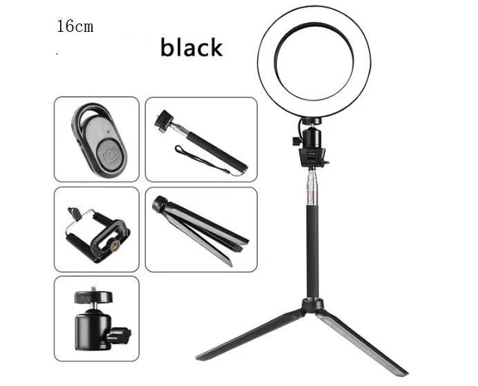 Self-made fill light artifact 5W LED ring light 20cm five-in-one kit black with tripod and phone clip on desk