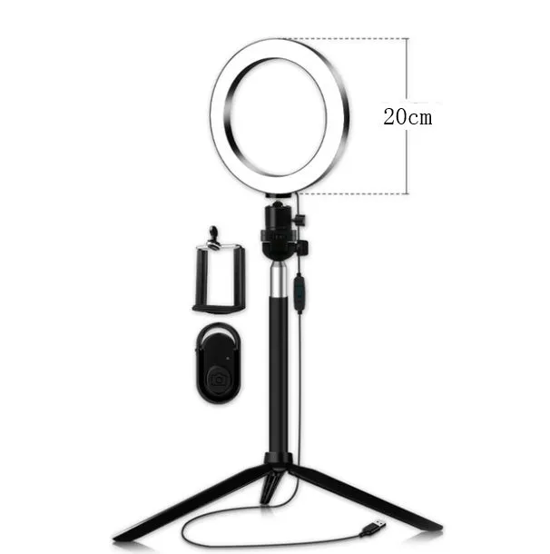 Self-made fill light artifact 5W LED ring light 20cm five-in-one kit black with tripod and phone clip on desk