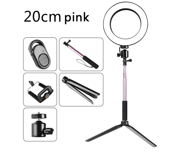 Self-made fill light artifact 5W LED ring light 20cm five-in-one kit black with tripod and phone clip on desk