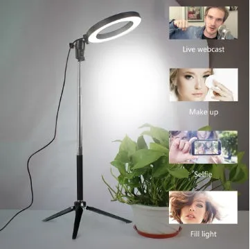 Self-made fill light artifact 5W LED ring light 20cm five-in-one kit black with tripod and phone clip on desk