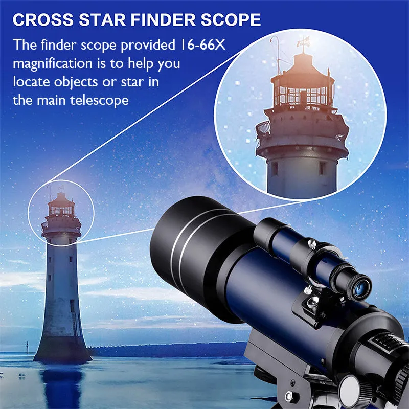 Dark blue 70mm refractor telescope on aluminium tripod with finder scope and two eyepieces