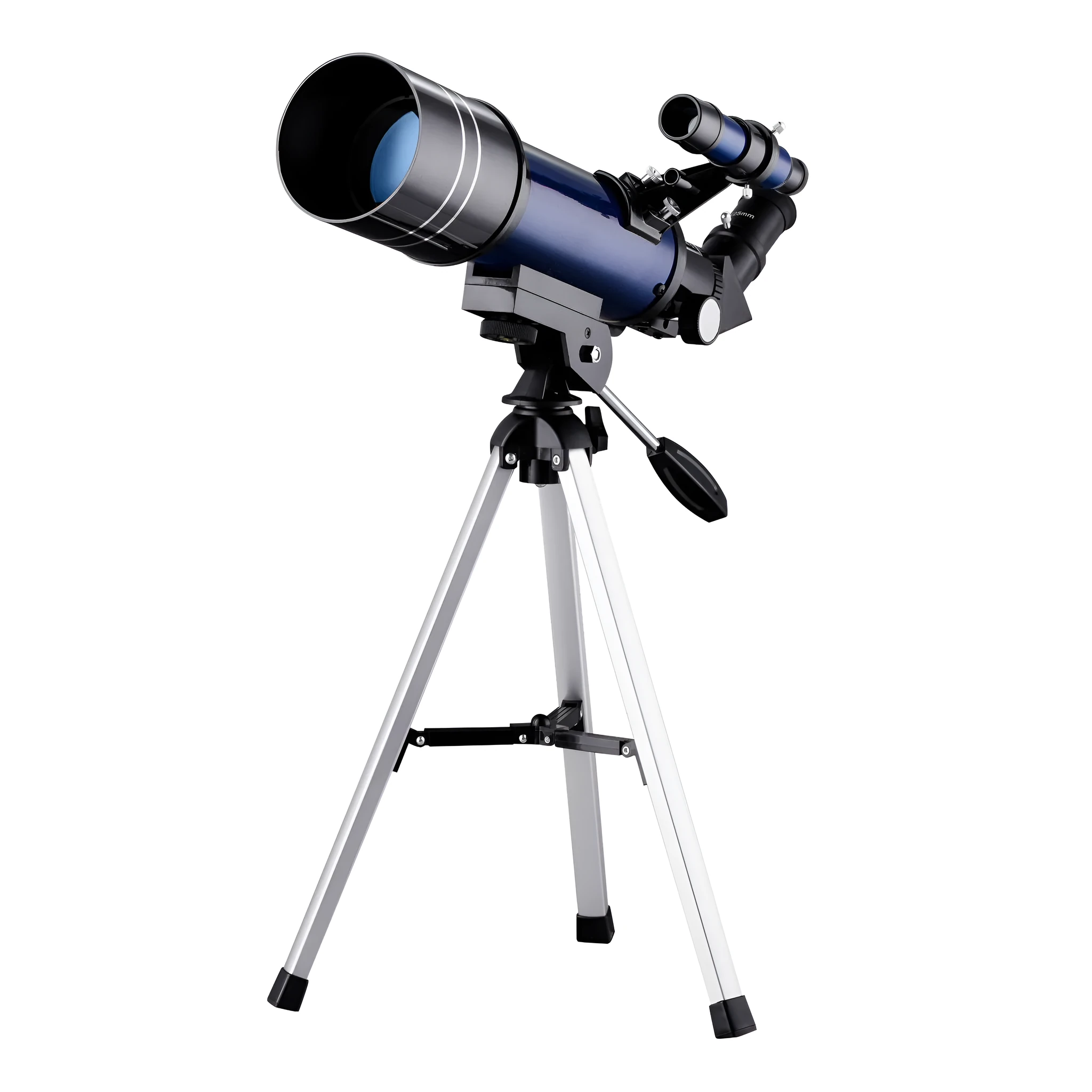 Dark blue 70mm refractor telescope on aluminium tripod with finder scope and two eyepieces