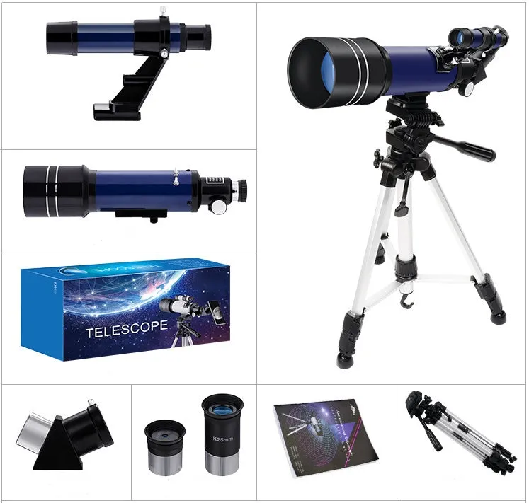 Dark blue 70mm refractor telescope on aluminium tripod with finder scope and two eyepieces