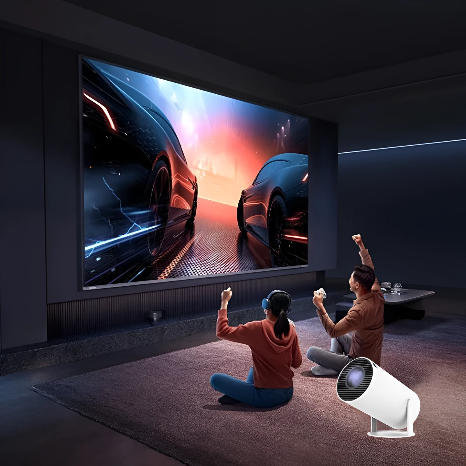 White Barrel X10 PLUS portable HD projector with remote control and gamepad on table