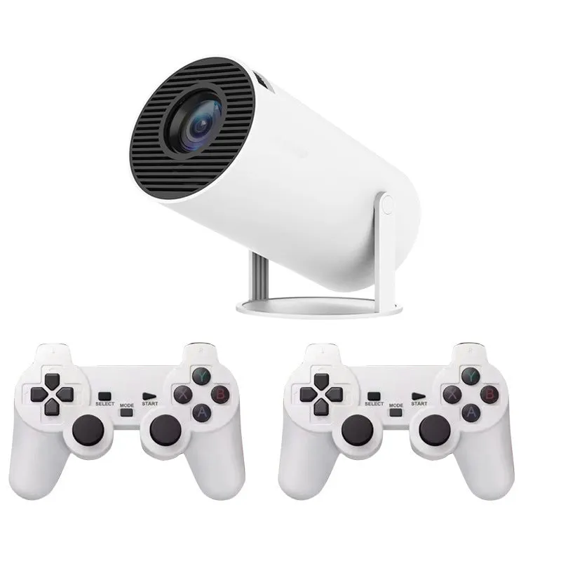 White Barrel X10 PLUS portable HD projector with remote control and gamepad on table
