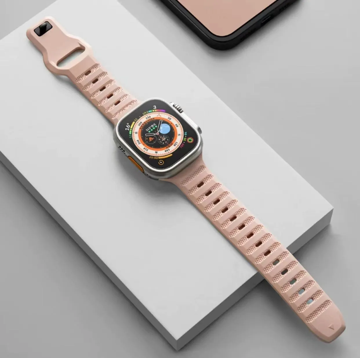Fluoro rubber watch strap with T-buckle for Apple Watch Ultra and Series models in multiple colours.