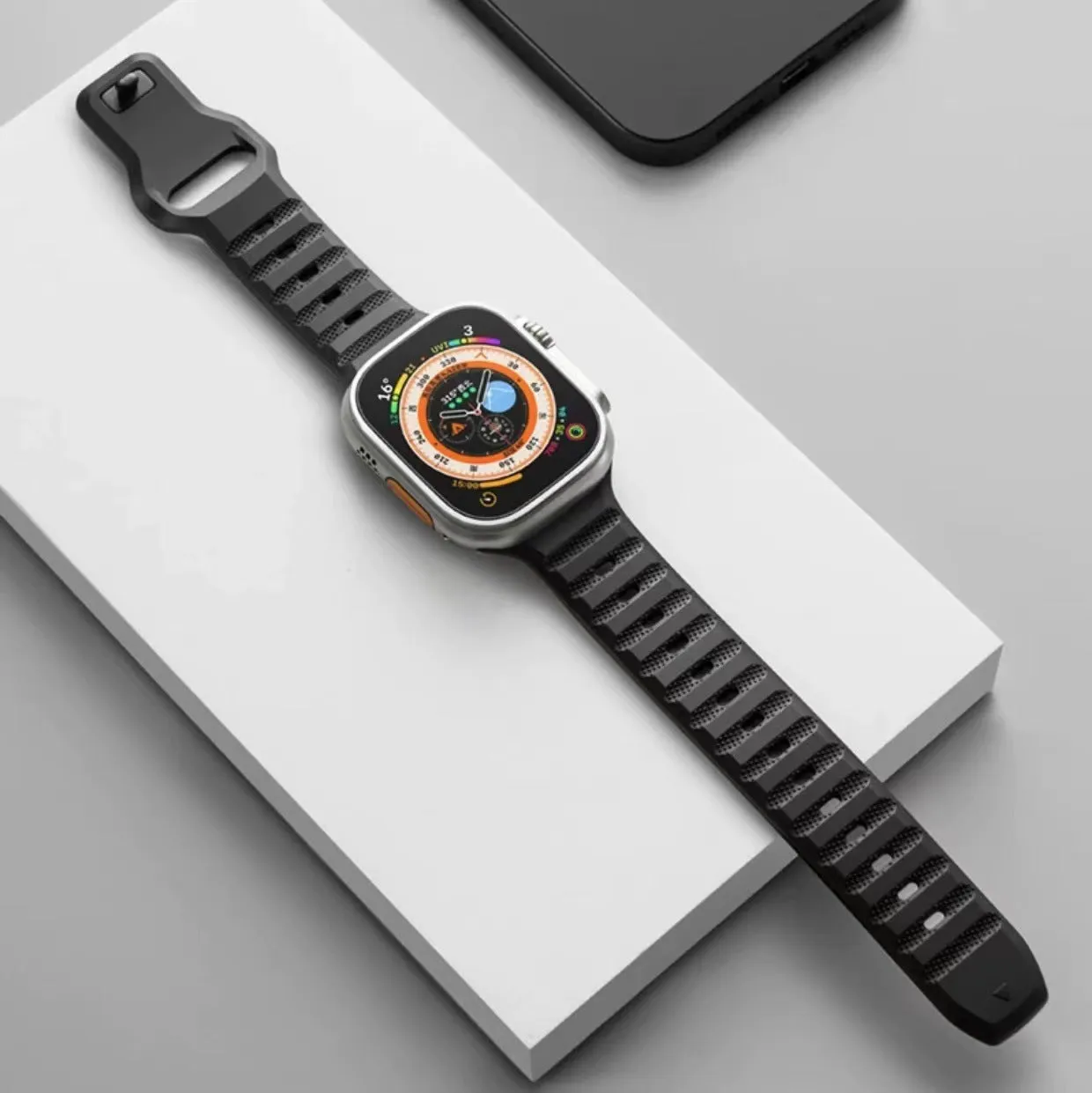 Fluoro rubber watch strap with T-buckle for Apple Watch Ultra and Series models in multiple colours.