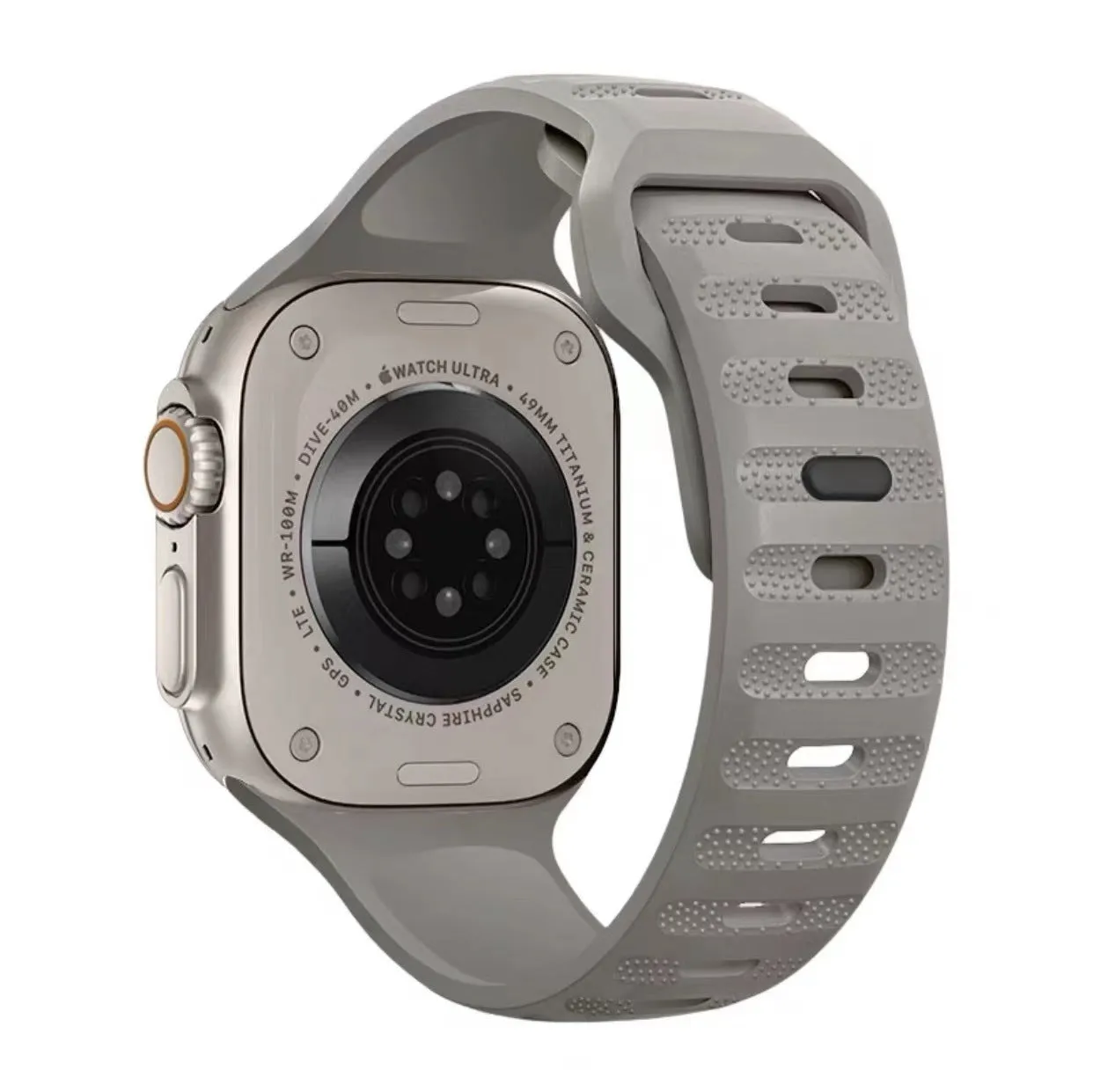 Fluoro rubber watch strap with T-buckle for Apple Watch Ultra and Series models in multiple colours.