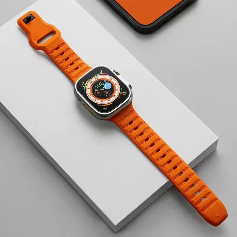 Fluoro rubber watch strap with T-buckle for Apple Watch Ultra and Series models in multiple colours.