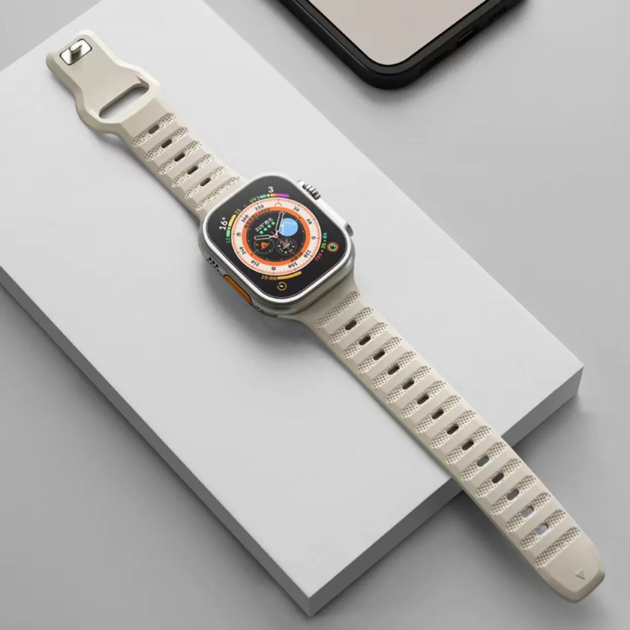 Fluoro rubber watch strap with T-buckle for Apple Watch Ultra and Series models in multiple colours.