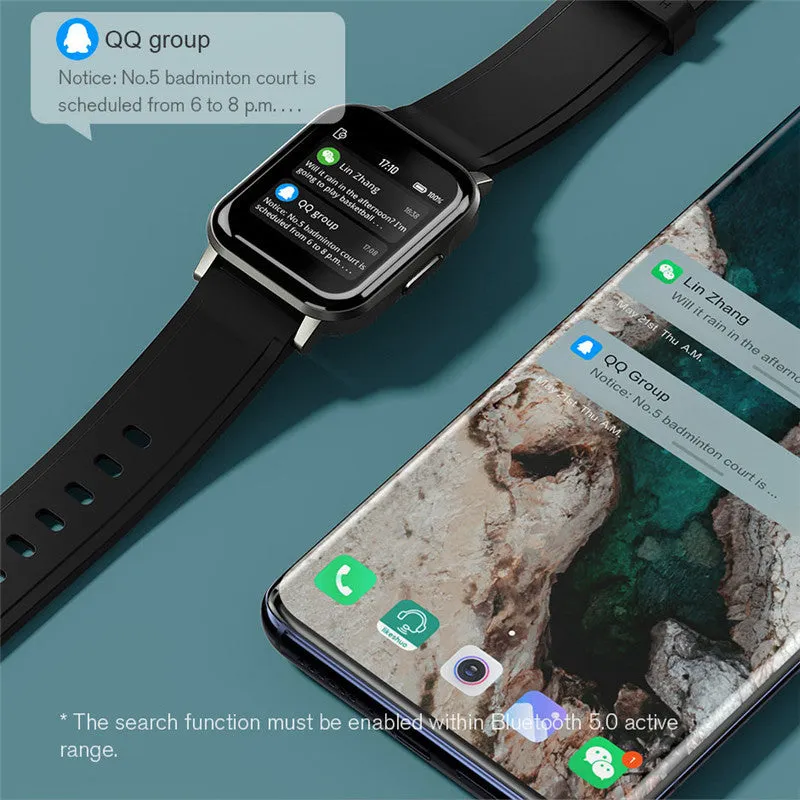 Black waterproof smart bracelet with touchscreen showing heart rate data on a silicone strap