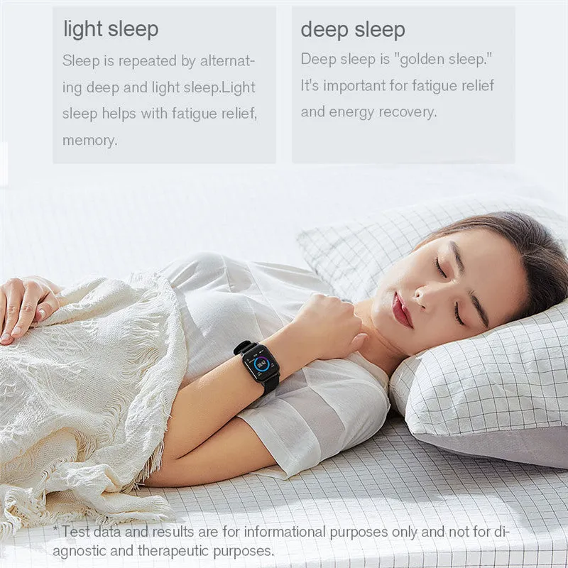 Black waterproof smart bracelet with touchscreen showing heart rate data on a silicone strap
