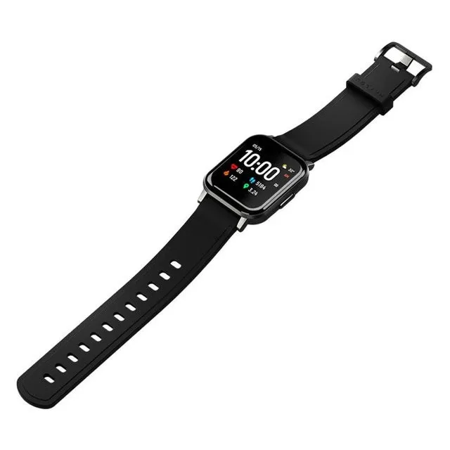 Black waterproof smart bracelet with touchscreen showing heart rate data on a silicone strap
