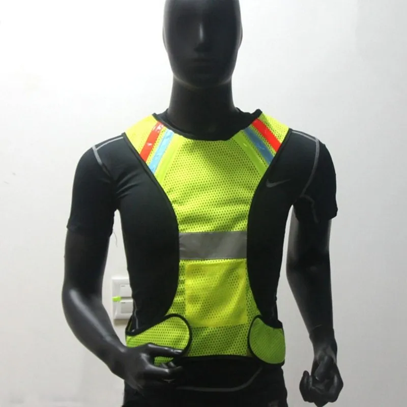 Fluorescent yellow LED reflective safety vest with red lights and mesh material for night cycling
