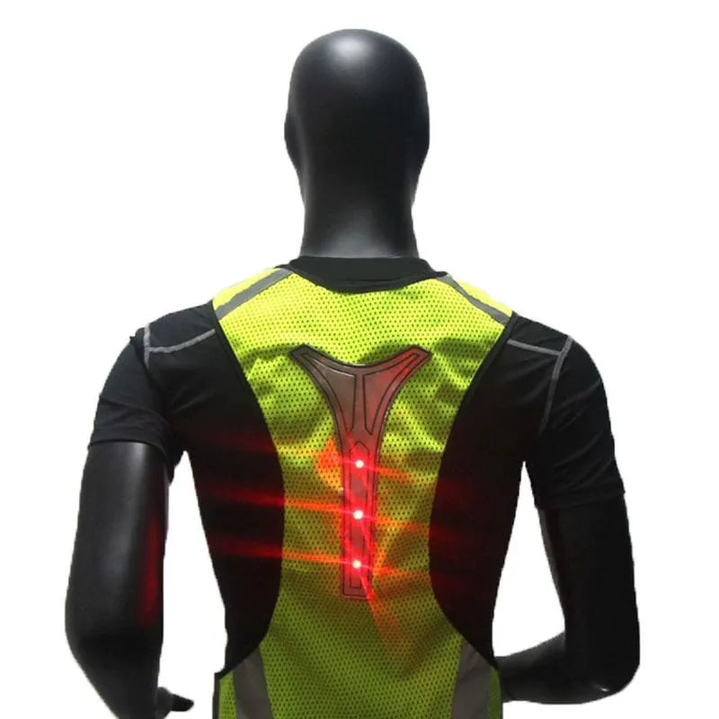 Fluorescent yellow LED reflective safety vest with red lights and mesh material for night cycling