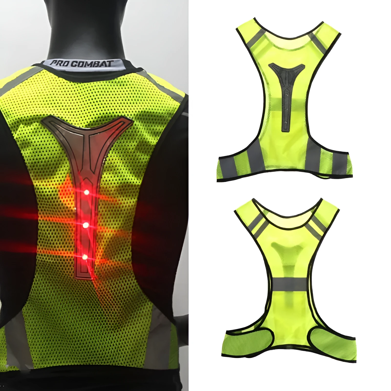 Fluorescent yellow LED reflective safety vest with red lights and mesh material for night cycling