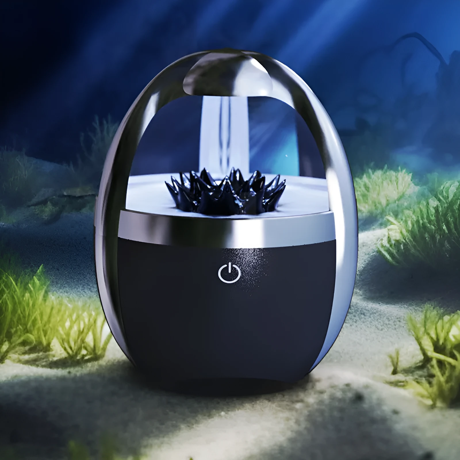 Magnetic fluid Bluetooth speaker in Silver Black with solid wood bracket on a table