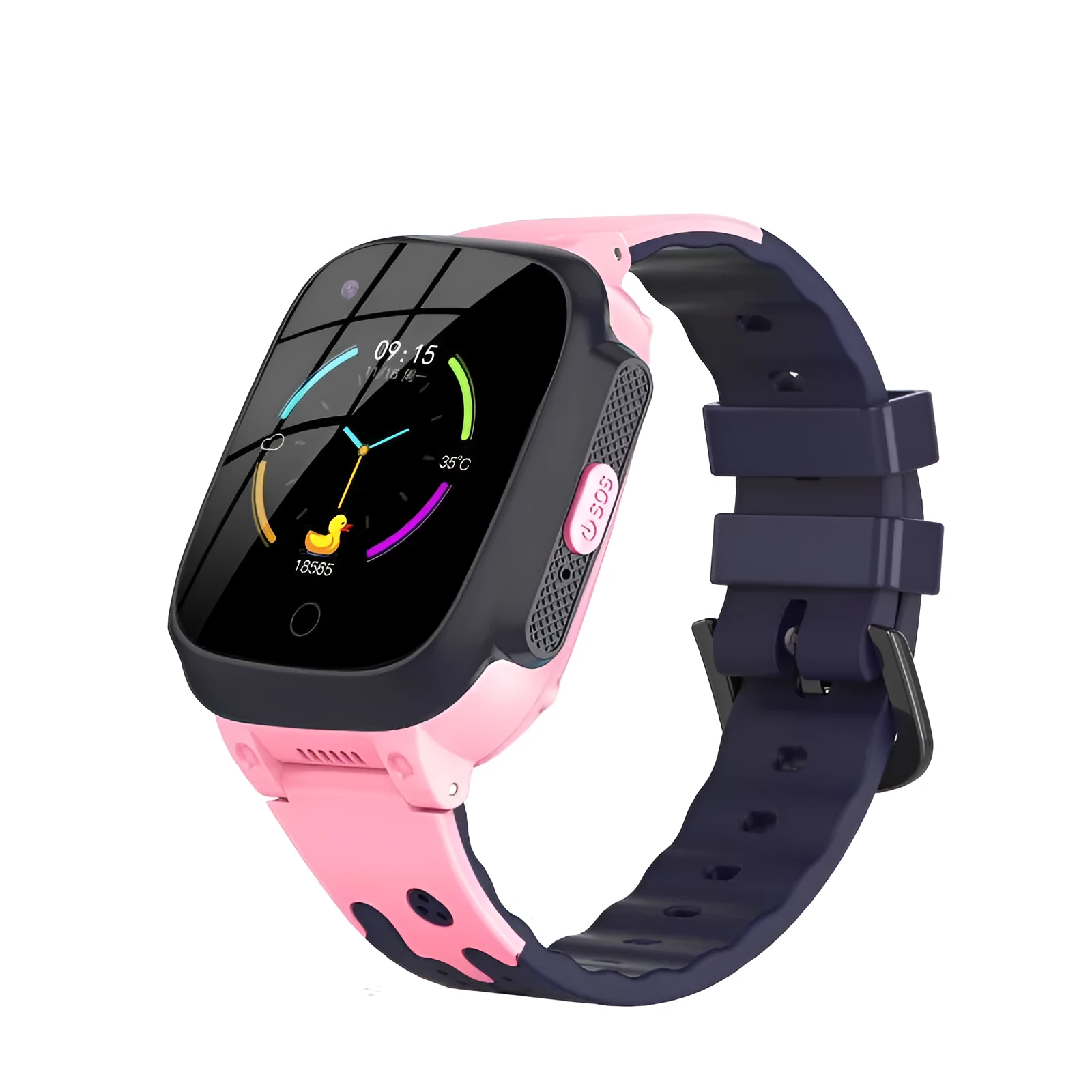 Children's phone watch with 1.3-inch screen, silicone band, black colour, front view