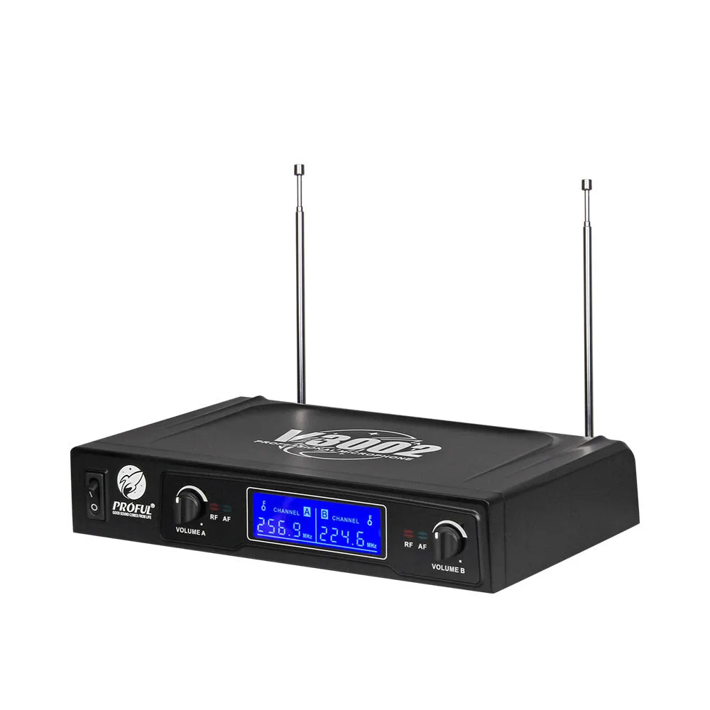 V-3002 dual handheld wireless microphone system with black microphones and compact transmitter unit