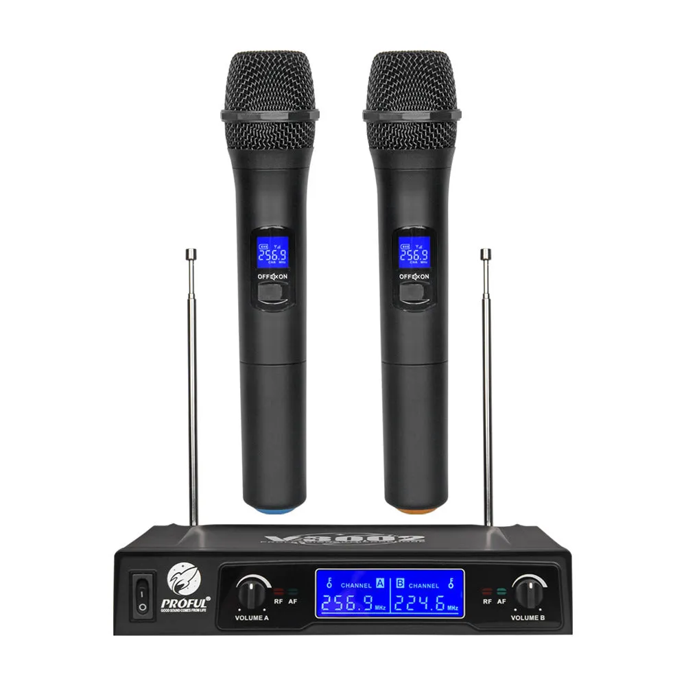 V-3002 dual handheld wireless microphone system with black microphones and compact transmitter unit