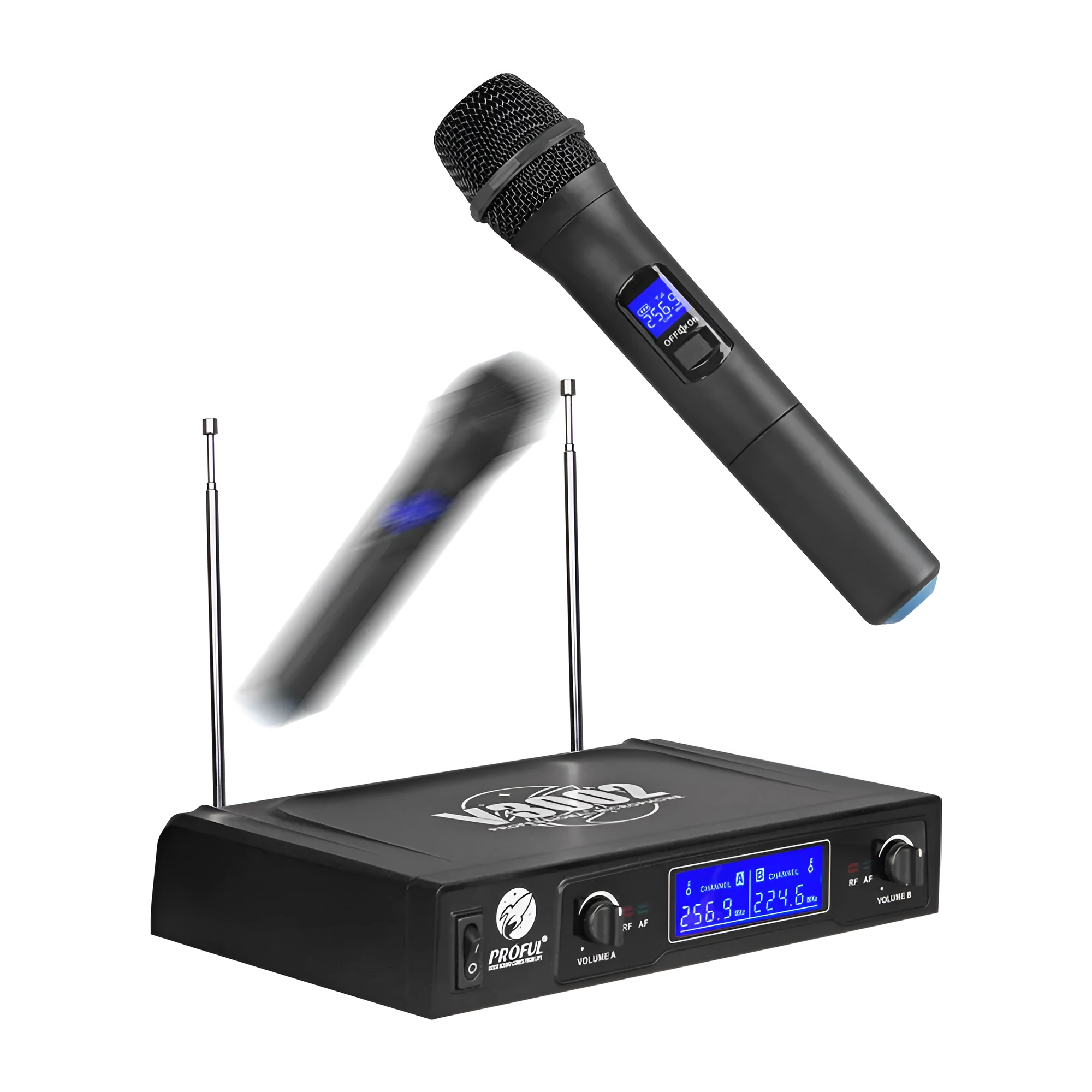 V-3002 dual handheld wireless microphone system with black microphones and compact transmitter unit