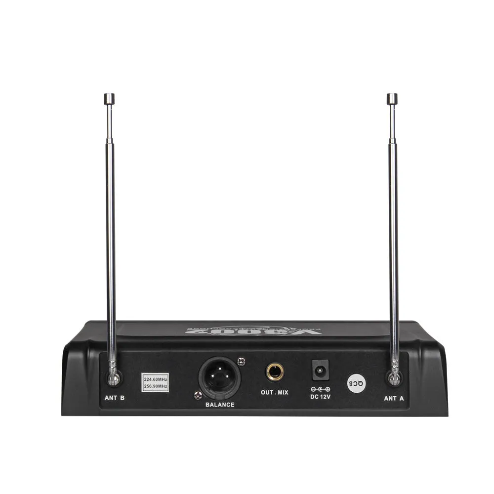 V-3002 dual handheld wireless microphone system with black microphones and compact transmitter unit