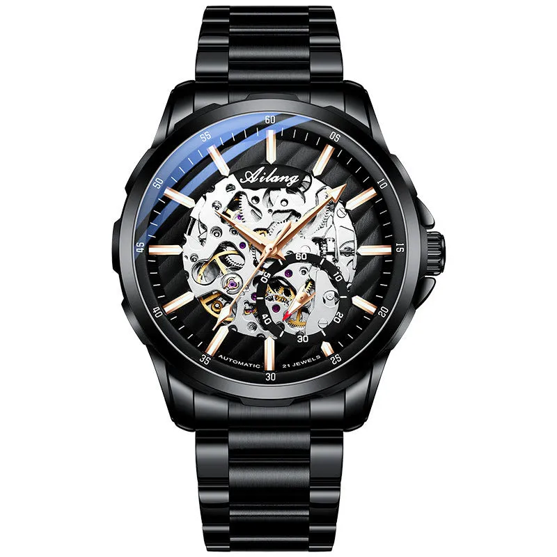 Hollow Phantom automatic mechanical watch with luminous skeleton dial, mineral glass, and black leather strap